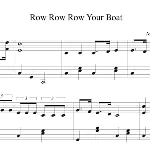 Puede incluir: Partitura musical para la canción tradicional infantil "Row Row Row Your Boat". La música está escrita en notación estándar con una clave de sol y una clave de fa. El título de la canción está escrito en la parte superior de la página en letras grandes y en negrita. La disposición se atribuye a Felix Sun.
