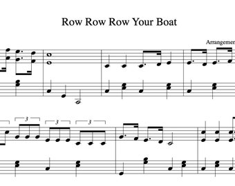 May include: Sheet music for the traditional children's song "Row Row Row Your Boat". The music is written in standard notation with a treble clef and a bass clef. The title of the song is written at the top of the page in large, bold letters. The arrangement is credited to Felix Sun.