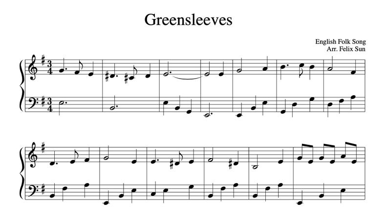 Greensleeves (piano Sheet Music) Beautiful Easy Piano Solo Digital