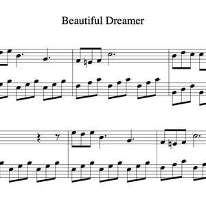 Peut inclure: Partition musicale de "Beautiful Dreamer" de Stephen Foster, arrangée par Felix Sun. La partition est écrite en noir sur fond blanc, avec des clés de sol et de fa et des notes de musique.
