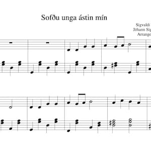 May include: Sheet music for "Sofðu unga ástin mín" with musical notation on a white background. The title and composer information are at the top. The arrangement is by Felix Sun.