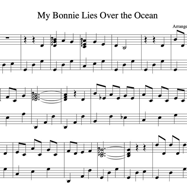 My Bonnie Lies Over the Ocean (Piano Sheet Music) - Scottish Folk Song | Digital Download