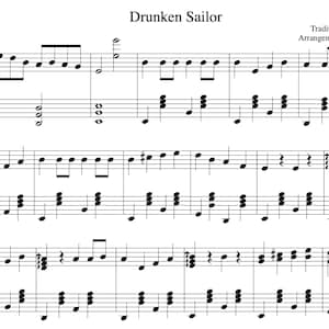 May include: Sheet music for the traditional sea shanty "Drunken Sailor", arranged by Felix Sun. The music is written in treble clef and includes notes, rests, and time signatures.