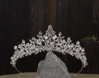 Hochzeit Tiara Kristalle Silber Krone Braut Brautschmuck Kopf Haar Strass Diamant Diadem