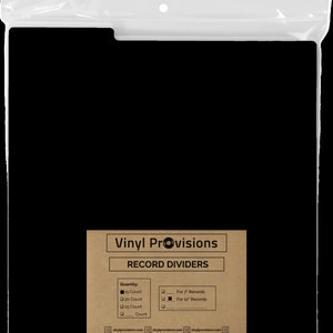 May include: A brown paper bag with the text "Vinyl Provisions" and "Record Dividers" printed on it. The bag has a list of quantities and sizes of record dividers, including 15 count, 20 count, 25 count, and count. The bag also has a list of sizes for the dividers, including for 7" records and for 12" records.
