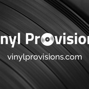 May include: Black and white image featuring a vinyl record design. The text "Vinyl Provisions" is displayed in white, with the website address "vinylprovisions.com" below. The background has a radial pattern.