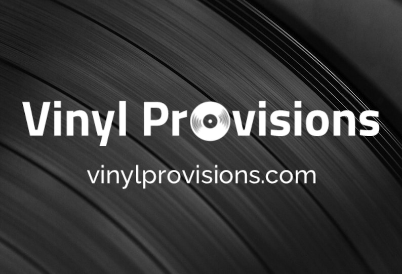 May include: Black and white image featuring a vinyl record design. The text "Vinyl Provisions" is displayed in white, with the website address "vinylprovisions.com" below. The background has a radial pattern.