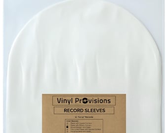 May include: A package of white vinyl record sleeves with a brown label that reads "Vinyl Provisions Record Sleeves". The label lists the features of the sleeves, including "Inner Sleeves for 12" Records", "Paper with Square Corners", "Paper with Round Corners", "Round Bottom Anti-Static", "Poly-Lined Paper with Square Corners", "Polypropylene Anti-Static", "35-Mil Polypropylene Anti-Static", "Archival My Paper Anti-Static". The label also shows the quantity options: 50 Count, 100 Count, 200 Count, and Count.