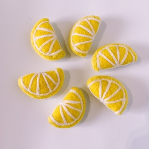 May include: Six felt lemon slices in yellow and white. The lemons are arranged in a circle on a white background.