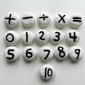 May include: White felt math symbols and numbers. The symbols include plus, minus, division, multiplication, and equals. Numbers 0 through 10 are also displayed. The numbers and symbols are in black.