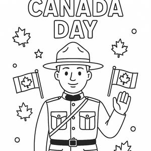 May include: A black and white illustration for Canada Day. It shows a Mountie waving, with two Canadian flags and maple leaves. The text "HAPPY CANADA DAY" is at the top. The Mountie is wearing a uniform and hat.