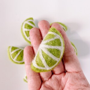 May include: A hand holding a felt lime wedge with white stitching. The lime is green and has a white center.