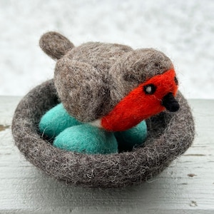 Felt Robin With Felt Nest And 3 Felt Eggs (Sold As A Set) | Felted Bird, Felt Robin&#39;s Nest, Felt Nest, Waldorf Toys, Montessori Toys