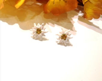 Handmade Edelweiss Earrings, Floral Jewelry, Polymer Clay Mountain Flower Earrings, Little White Flower Studs, Floral Gift
