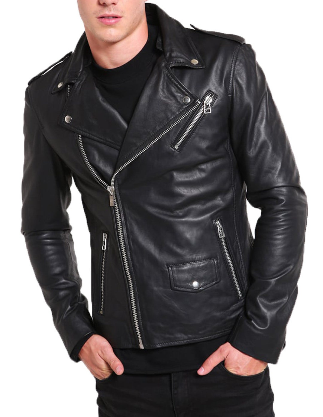 High Glamor Men's Leather Jacket Stylish Handmade Motorcycle Bomber ...