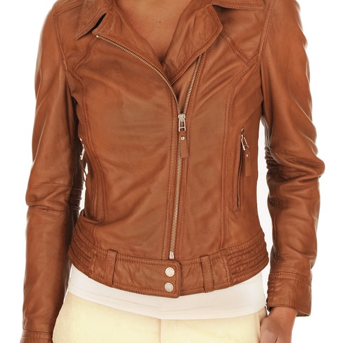 High Glamor Women's Stylish shops Motorcycle Biker Genuine Lambskin Leather Jacket for Women Camel