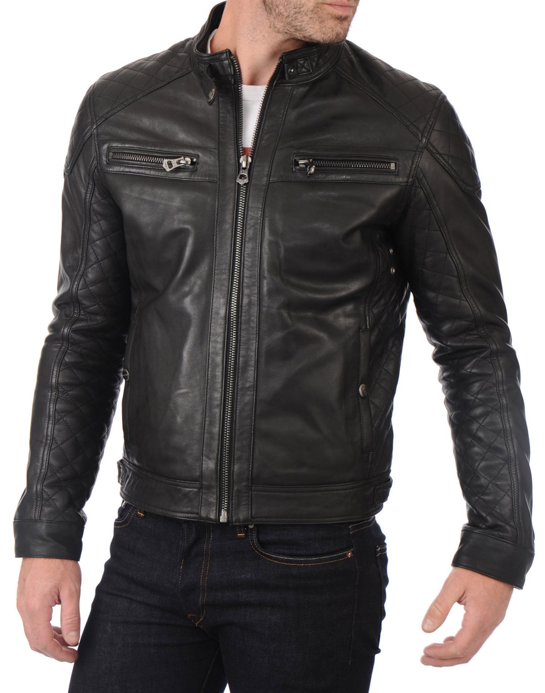 High Glamor Men's Leather Jacket Stylish Handmade Motorcycle Bomber ...