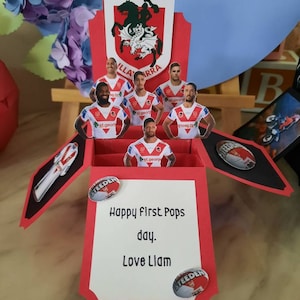 St George Illawarra Dragons pop up box card, card in a box, birthday card in a box, card personalised, father's day, surprise, NRL card