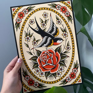 Swallow With Flowers Traditional Tattoo Flash Art Print - Etsy