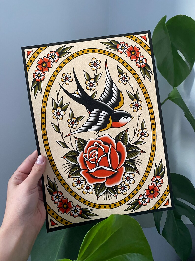 Swallow With Flowers Traditional Tattoo Flash Art Print - Etsy