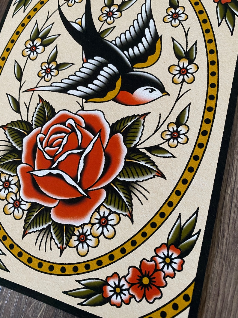 Swallow With Flowers Traditional Tattoo Flash Art Print - Etsy