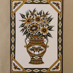 Impresión artística de tatuaje tradicional con jarrón de flores
