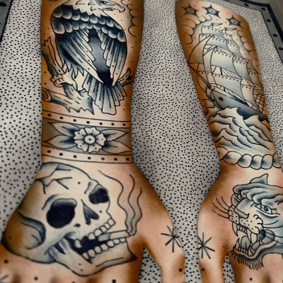 Buy Tattooed Hands Traditional Tattoo Flash Art Print Online in India - Etsy