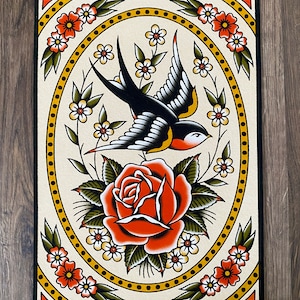 Golondrina con flores Tatuaje tradicional Flash Lámina artística