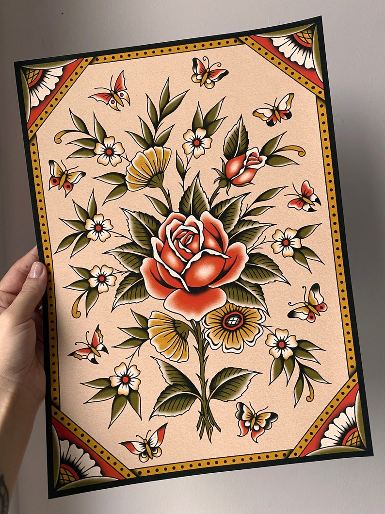 Field Flowers Traditional Tattoo Flash Art Print - Etsy