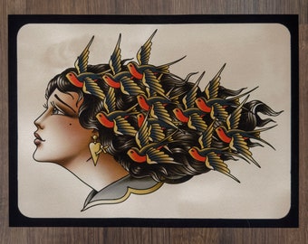 Girl With Swallows Traditional Tattoo Flash Art Print