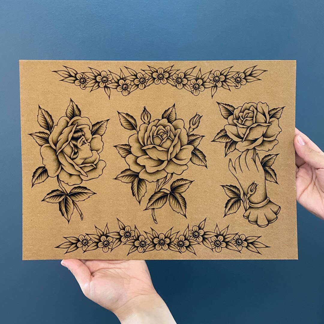 Roses Traditional Vintage Look Tattoo Flash Art Print - Etsy
