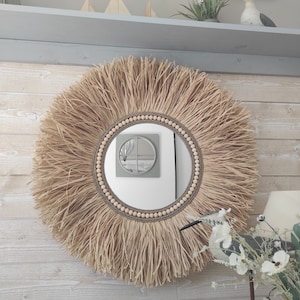 Grand Miroir Fait Main Raphia ,plumes Et Perles Plusieurs Coloris - Swanell