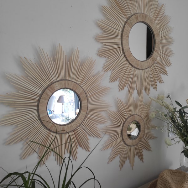 Décorations soleil, Trio de miroirs en bois naturel, raphia tressé et cordes de lin