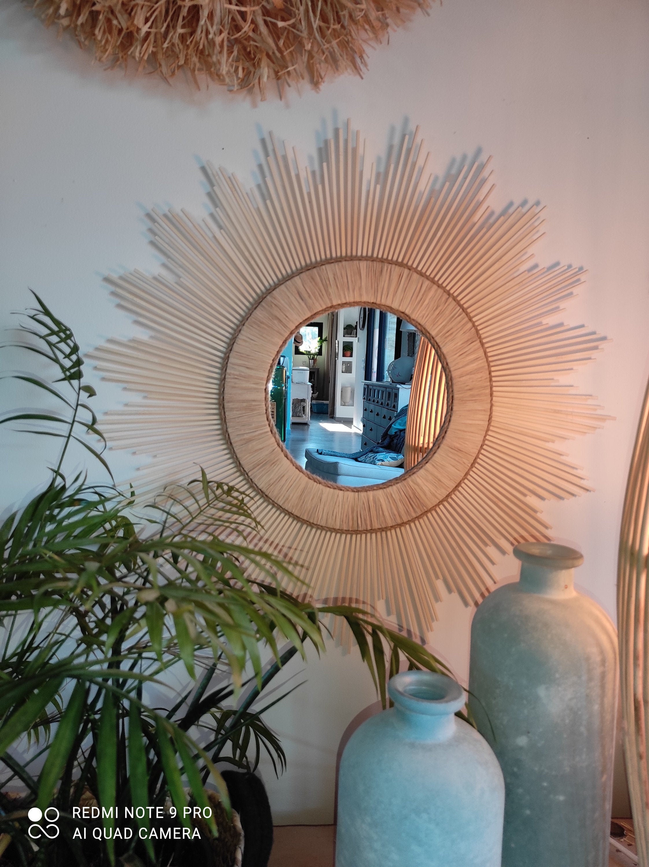 Miroir Rond en Bois Naturel Raphia et Cordes Pour Un Intérieur Tendance Chic Bohème