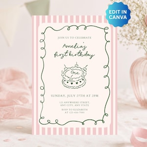 Invito di compleanno vintage, invito per il primo compleanno (modello Canva), compleanno in stile doodle retrò, invito per feste stravagante disegnato a mano, KB9