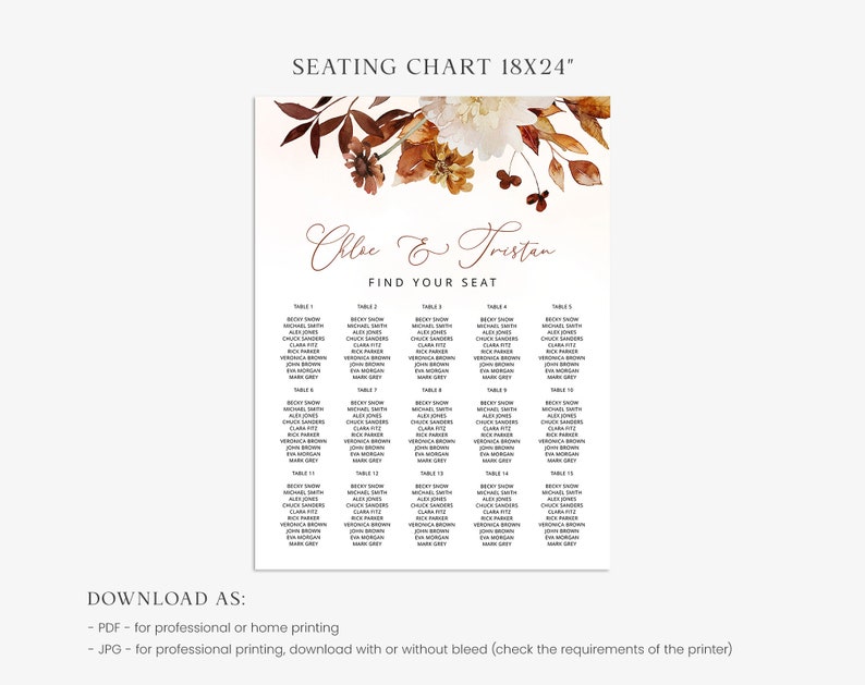 CHLOE Boho Seating Chart Template, Autumn Seating Chart, Wedding Seating Sign, Printable Seating Sign, Fall Seating Board, Find Your Seat image 4