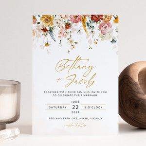 BETHANY Floral Wedding Invitation Template, Wild Flowers Wedding Invite, Gold Wedding Template, Elegant Wedding, Corjl, Instant Download image 4