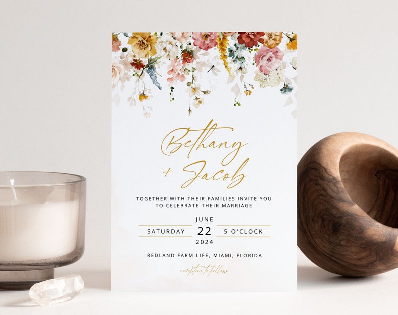 BETHANY Floral Wedding Invitation Template, Wild Flowers Wedding Invite, Gold Wedding Template, Elegant Wedding, Corjl, Instant Download image 4