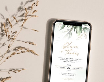OLIVIA Greenery Electronic Wedding Invitation Template, Foliage iPhone Wedding Invite, Phone Wedding Invitation, Corjl, Instant Download