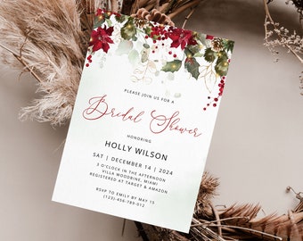 HOLLY Winter Bridal Shower Invitation Template, Christmas Bridal Shower Invite, Printable Bridal Shower, Bridal Party, Instant Download