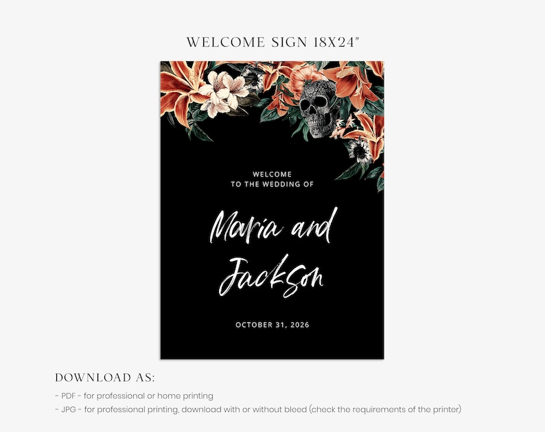 MARIA Gothic Welcome Sign Template, Skull Wedding Welcome Sign, Editable Sign, Instant Download, Floral Welcome Sign, Printable Wedding Sign image 3