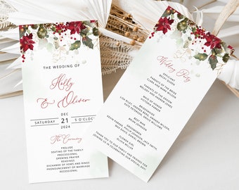 HOLLY Winter Wedding Program Template, Christmas Program Card, Editable Wedding Program, Printable Ceremony Program, Corjl, Instant Download