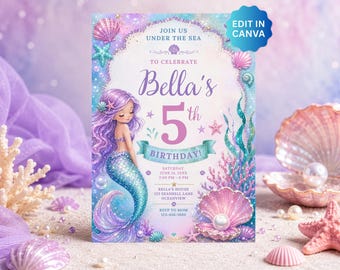 May include: A rectangular birthday invitation card featuring a mermaid with purple hair and a blue tail. The text reads: JOIN US UNDER THE SEA TO CELEBRATE Bella's 5th BIRTHDAY, SATURDAY, JUNE 14, 20XX, 2:00 PM - 8 PM, BELLA'S HOUSE, 123 SEASHELL LANE, OCEANVIEW, RSVP TO MOM 123-456-1890.
