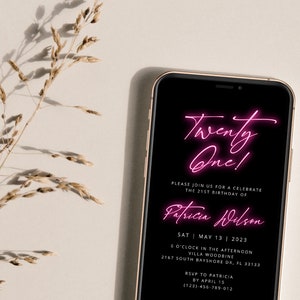 PATRICIA Neon Birthday Invitation Template, Electronic Invite, iPhone Invitation, 21st Birthday Invite, Glow Party Invite, Instant Download