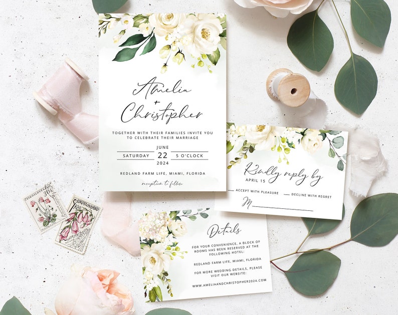 AMELIA Greenery Wedding Invitation Template, White and Green Wedding Invite, RSVP Template, Elegant Wedding, RSVP Card, Instant Download image 3