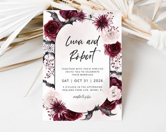 LUNA Gothic Wedding Invitation Template, Burgundy Wedding Invite, Floral Invitation, Halloween Wedding Invitation, Corjl, Instant Download