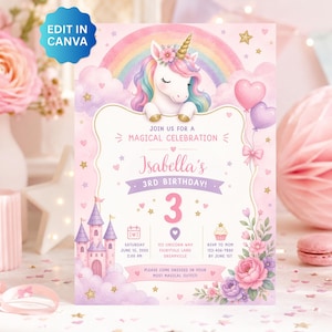 May include: A rectangular birthday invitation card featuring a unicorn with a gold horn, a rainbow, and a pink castle. The text reads: JOIN US FOR A MAGICAL CELEBRATION, Isabella's 3RD BIRTHDAY, 3, and event details. The design includes pink hearts, flowers, and stars.