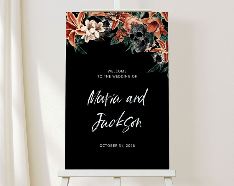 MARIA Gothic Welcome Sign Template, Skull Wedding Welcome Sign, Editable Sign, Instant Download, Floral Welcome Sign, Printable Wedding Sign image 2