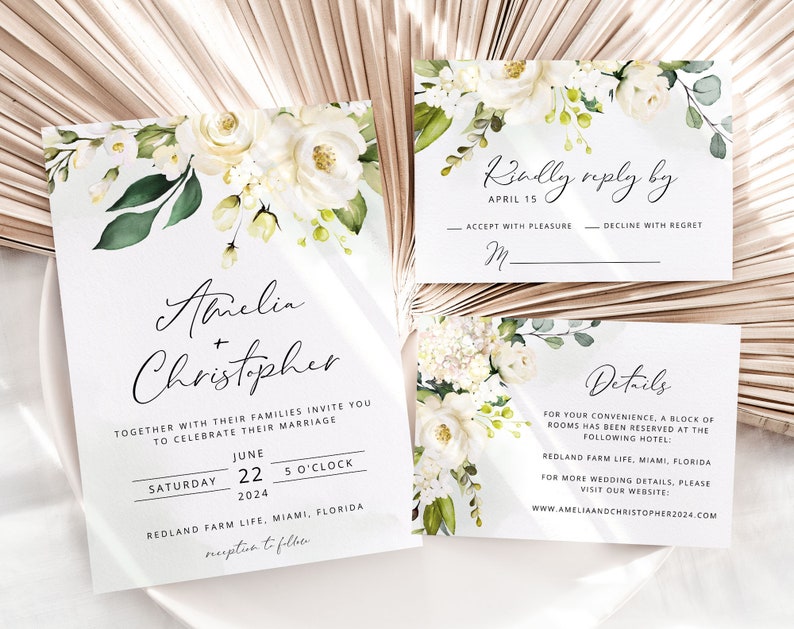 AMELIA Greenery Wedding Invitation Template, White and Green Wedding Invite, RSVP Template, Elegant Wedding, RSVP Card, Instant Download image 1