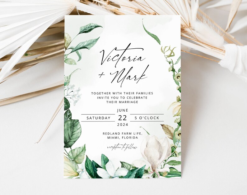 VICTORIA Greenery Wedding Invitation Template, Green and White Wedding Invite, Wedding Template, Elegant Wedding, Corjl, Instant Download image 1